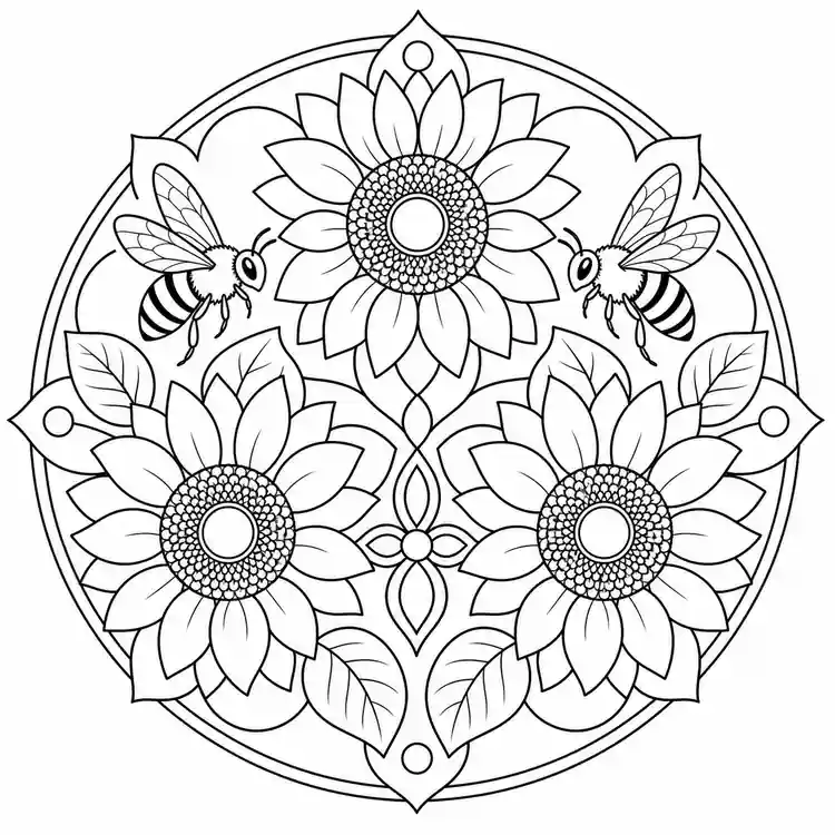 Mandala de abejas y girasoles para imprimir y colorear