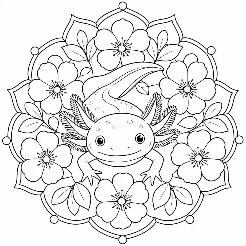 Mandala de ajolote floral para imprimir y colorear