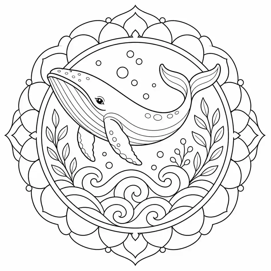 Mandala de ballena y océano para imprimir y colorear