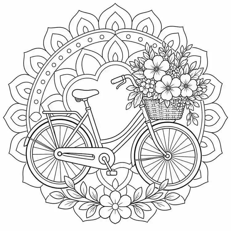 Mandala de bicicleta con flores para imprimir y colorear