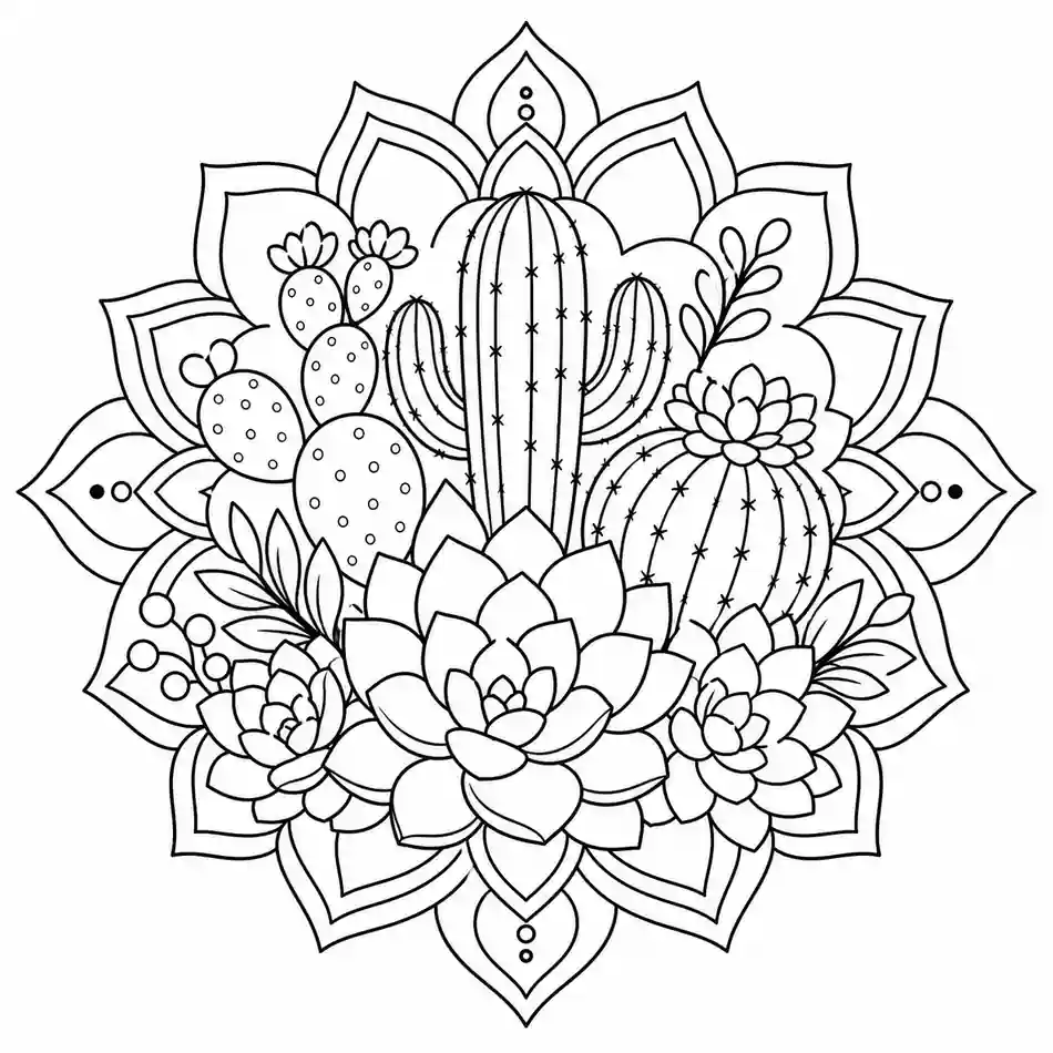 Mandala de cactus y suculentas para imprimir y colorear