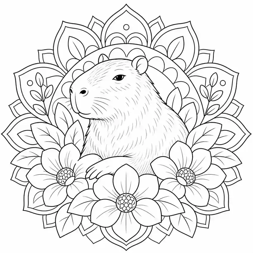 Mandala de capibara con flores para imprimir y colorear