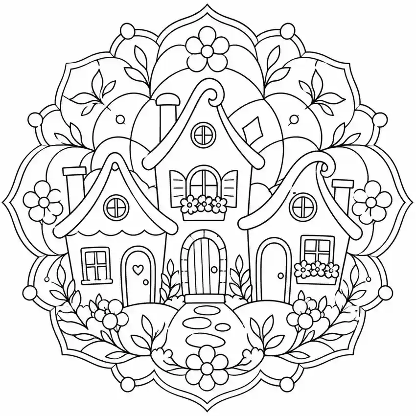 Mandala de casas de cuento para imprimir y colorear
