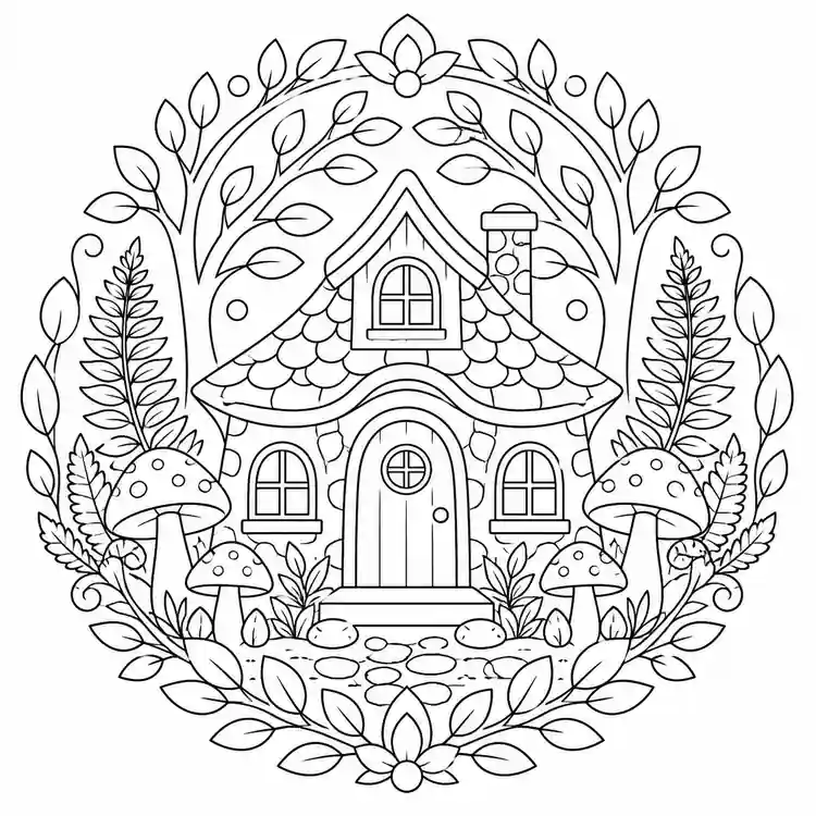 Mandala de casita del bosque para imprimir y colorear