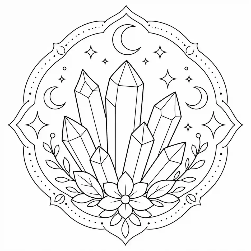 Mandala de cristales y estrellas para imprimir y colorear