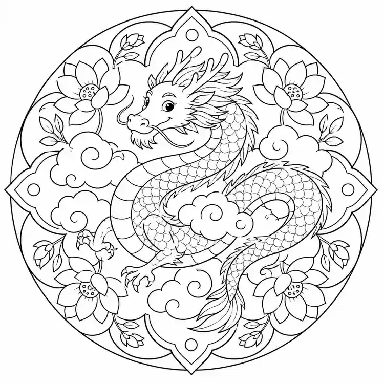 Mandala de dragón oriental para imprimir y colorear