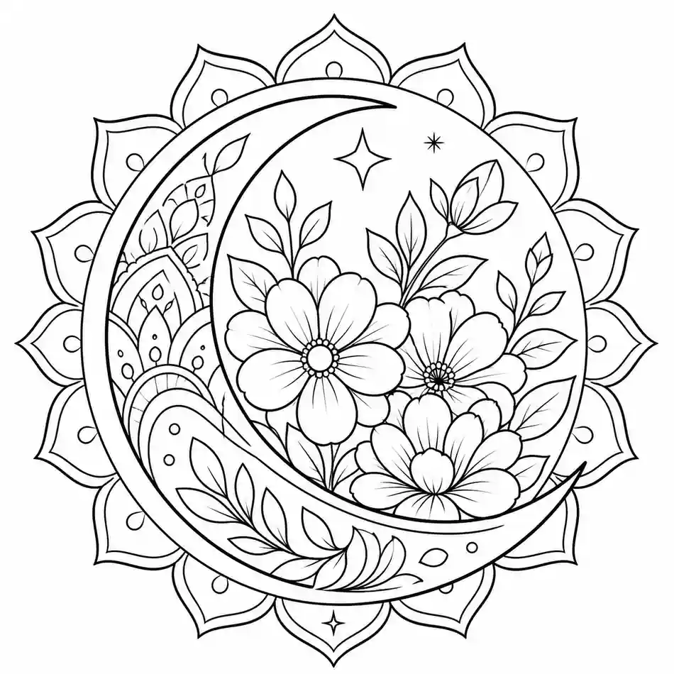 Mandala de luna con flores para imprimir y colorear