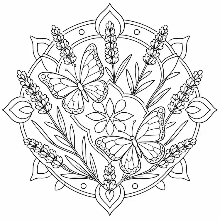 Mandala de mariposas y lavanda para imprimir y colorear