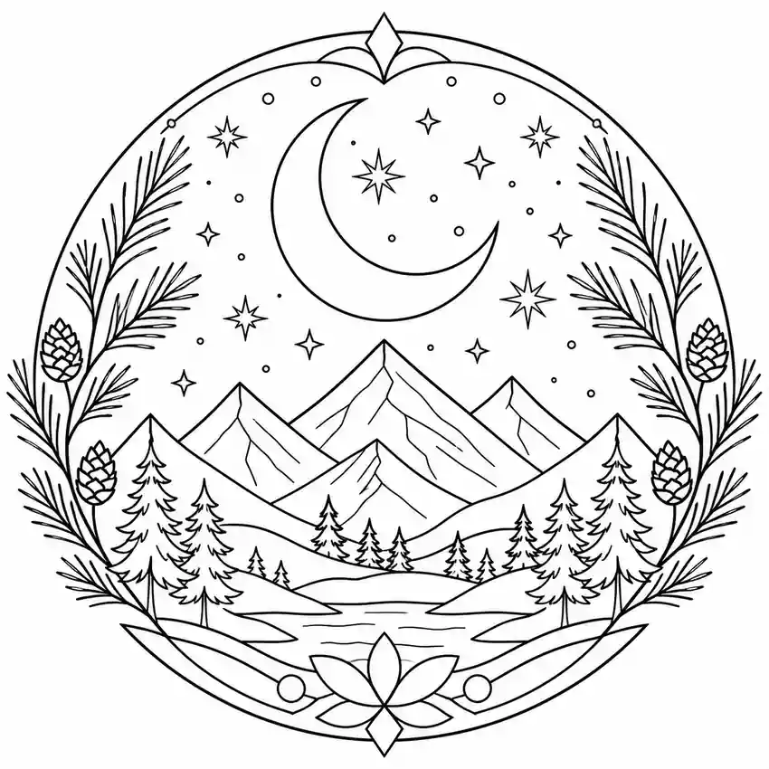 Mandala de montañas y luna para imprimir y colorear