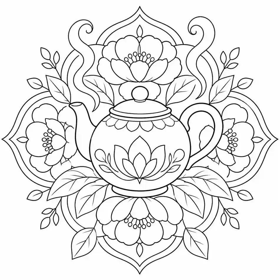 Mandala de tetera con flores para imprimir y colorear