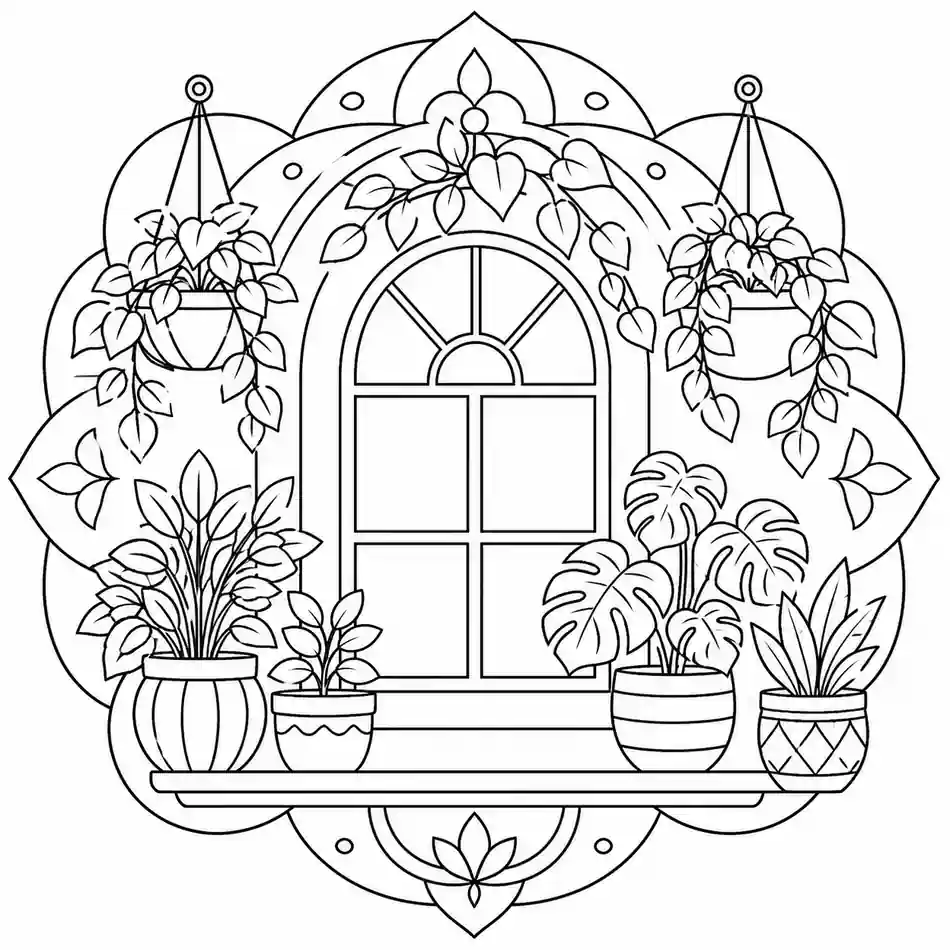 Mandala de ventana con plantas para imprimir y colorear